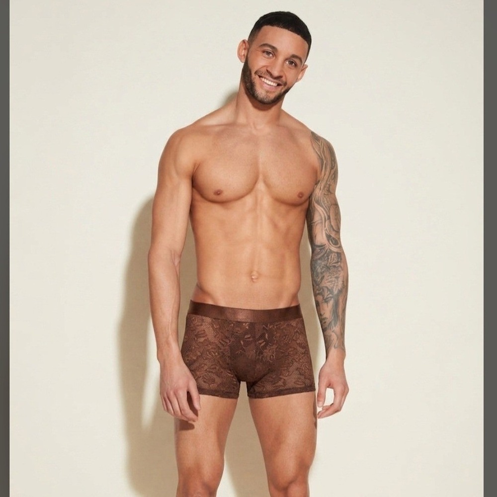 Cosabella Mens Floral Lace Boxer Briefs Brown Sheer Satin Waistband Underwear